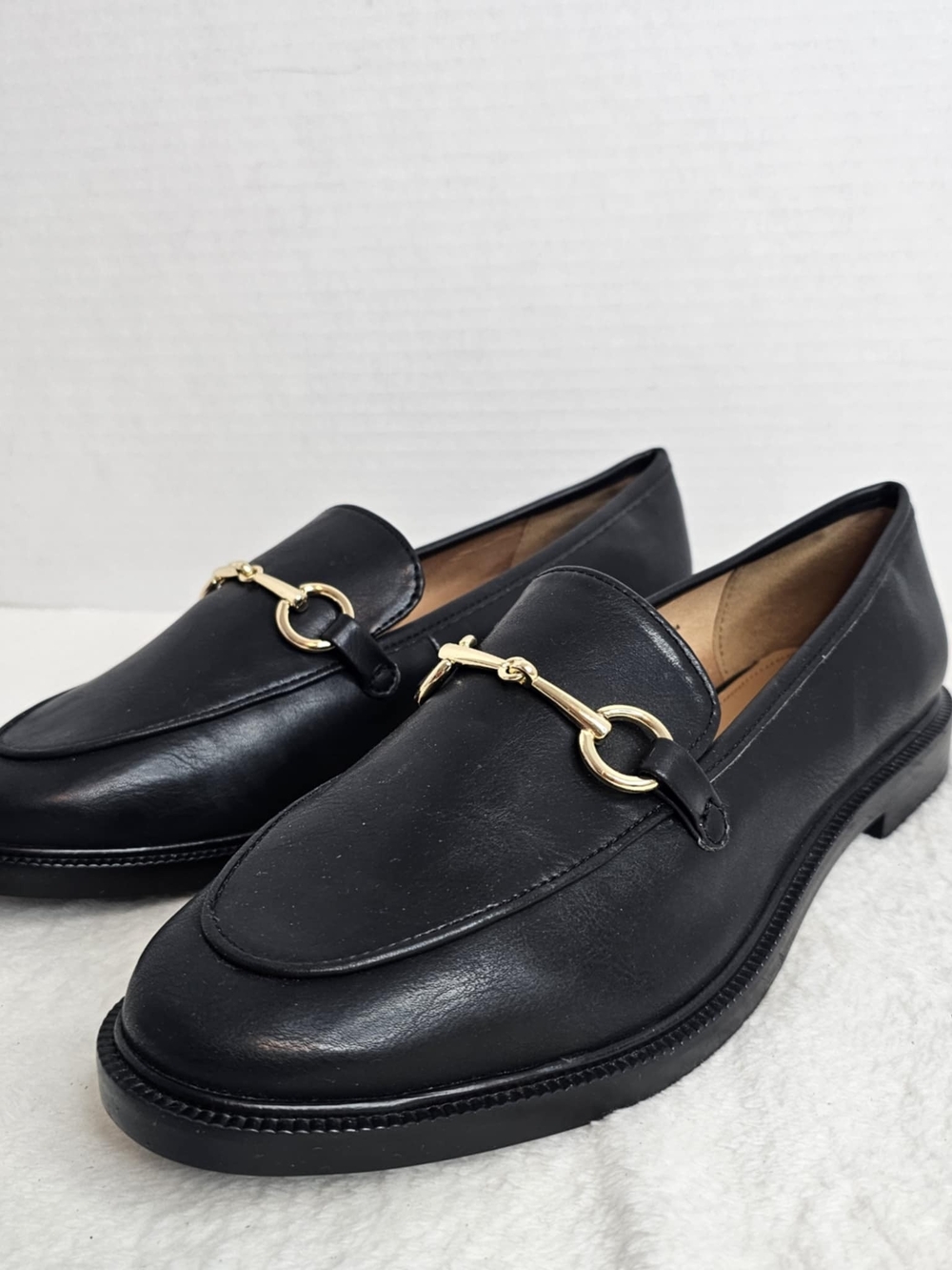 🖤H&M Women's Black Horsebit Loafer Flats Gold Bit Detail Faux Leather Size 10